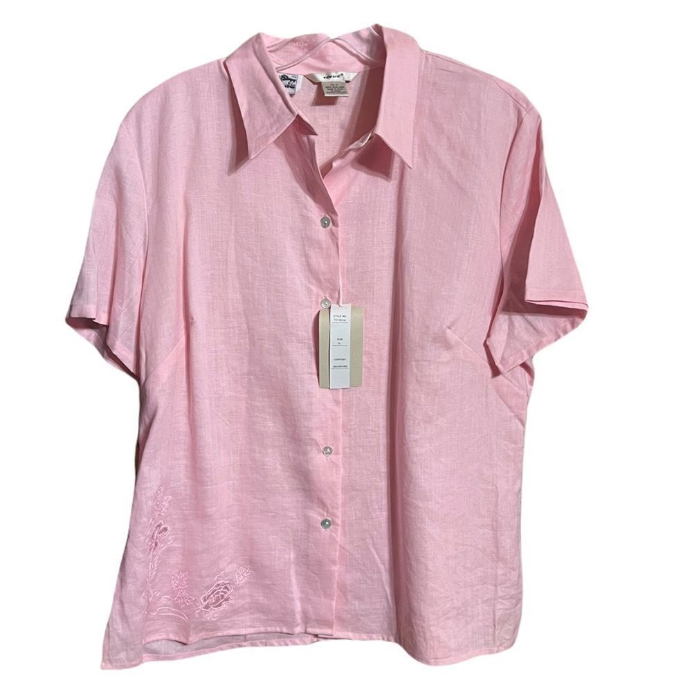 Edward Irish Linen Pink Short Sleeve Button Up Shirt Floral Embroider Hem NWT XL